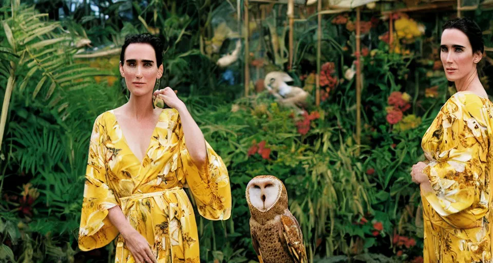 Prompt: Large format Portrait of Jennifer Connelly wearing a yellow kimono in a tropical greenhouse with a very detailed barn owl on her shoulder, medium format camera, 85mm f1.8, bokeh, sharp focus, detailed, centered, editiorial photoshoot, dreamy, elegant