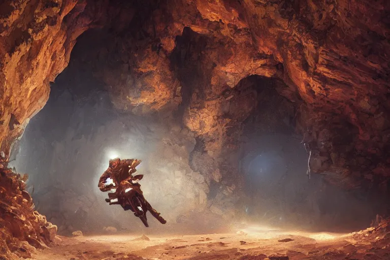 Prompt: a guy with a helmet explores a cave with pictures on the walls, expressive oil painting, digital art, by dan mumford, by greg rutkowski, volumetrics, octane render