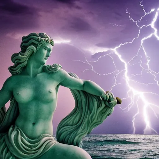 Image similar to gigantic marble statue of the goddess of the sea wielding a trident on an island. roiling waves at the base. scene lit by lightning. thunderclouds in the background. fantasy setting. magicians praying to the statue. purples and greens. fantasy aesthetic. extremely detailed. 4 k