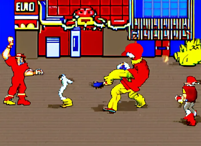 Image similar to screenshot of ronald mcdonald, white face, red afro, red nose and yellow outfit as an enemy in streets of rage video game, sega genesis video game