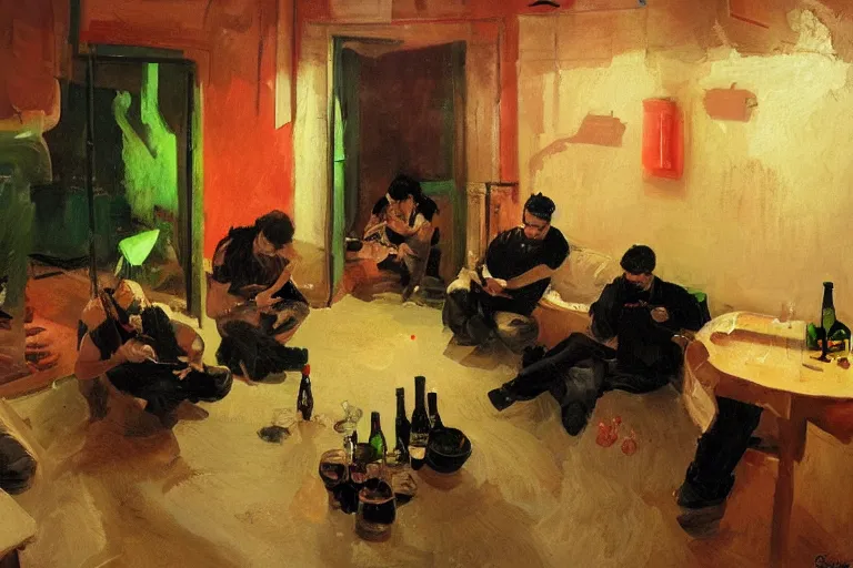 Prompt: cholos drinking brutal and raw wine, inside a tiny green room with red lights by joaquin sorolla, greg rutkowski, bill sienckiwicz, extremely detailed