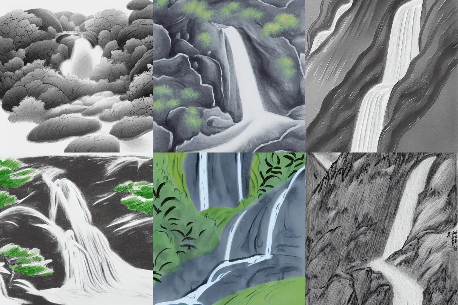 Prompt: an endless waterfall, painted with a thin brush, detailed sumi-e illustration