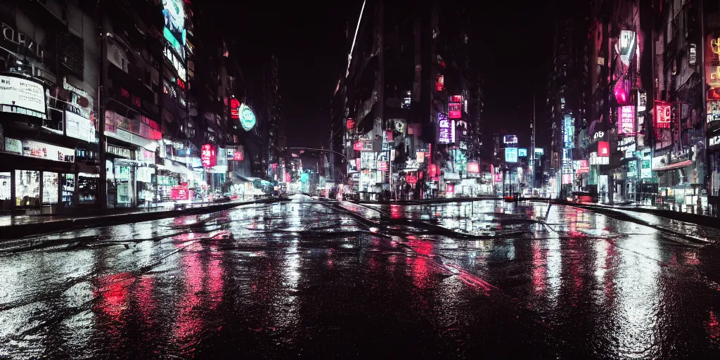 Image similar to a city street at night, raining, photograph, cyberpunk, sharp focus, intricate detail, Desolate, drone shot, high resolution, 8k, neon streetlights, wires hanging down everywhere