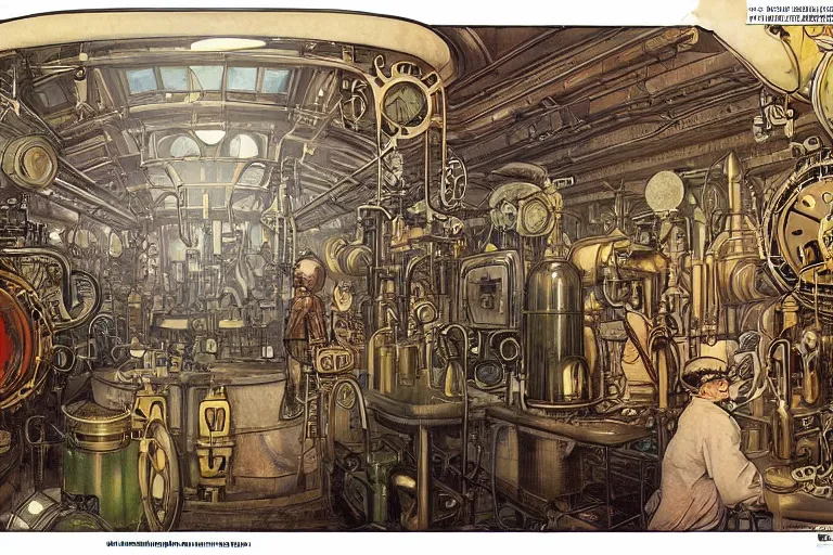 Prompt: steampunk lab room filled with big vapor tubes and alchemy equipment, mad scientist working, giant screens, sci - fi vending machine, retrofuturism, concept art by mucha, clean line, diesel punk