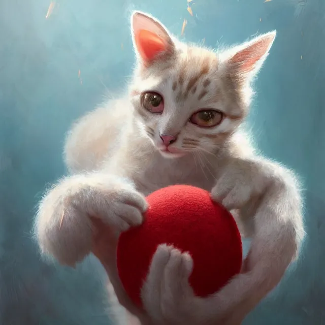 Image similar to a painting of a cute light beige kitten with brown ears and face and legs and tail playing with a red yarn ball. white paws. big eyes. character design by cory loftis, fenghua zhong, ryohei hase, ismail inceoglu and ruan jia. volumetric light, detailed, rendered in octane