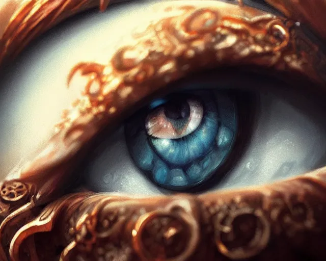 Image similar to very close up of an eye, deep focus, d & d, fantasy, intricate, elegant, highly detailed, digital painting, artstation, concept art, matte, sharp focus, illustration, hearthstone, art by artgerm and greg rutkowski and alphonse mucha