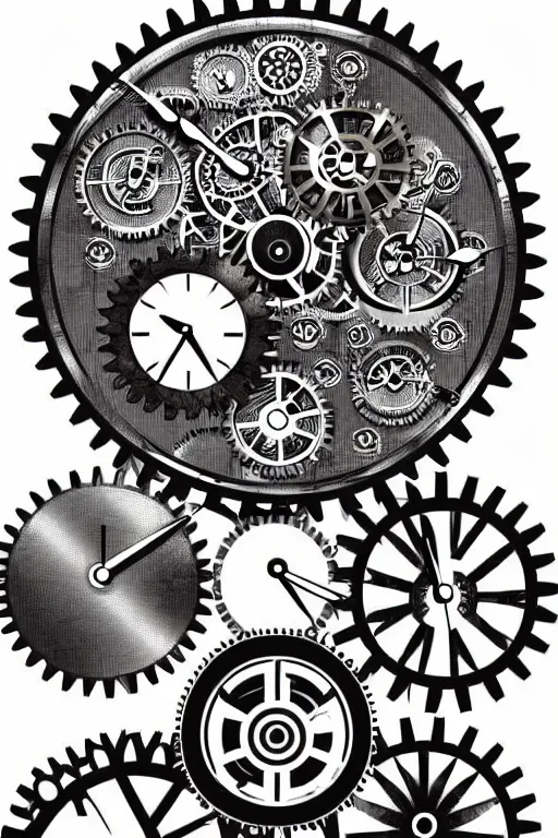 Prompt: hyper realistic steampunk gears and clock with tourbillon, no numbers, white background, dark and gothic, full frame, art by james o barr and albrecht durer, surreal woodblock print, black and white, vector, vector art