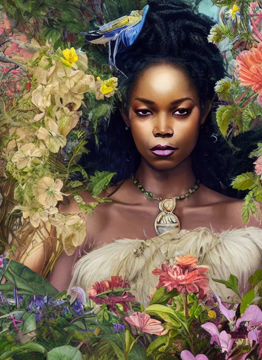 Image similar to portrait of the african queen of the underworld, surrounded by flowers by karol bak, james jean, tom bagshaw, rococo, sharp focus, trending on artstation, cinematic lighting, hyper realism, octane render, 8 k, hyper detailed.