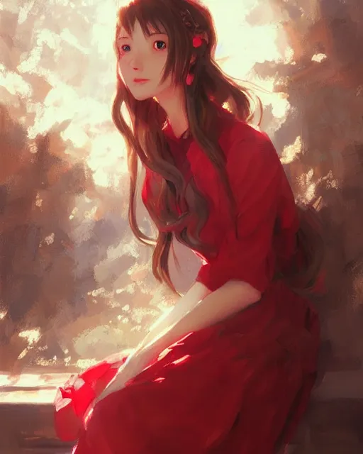 Prompt: aerith gainsborough in red cottagecore dress, portrait, illustration, rim light, top light, perfectly shaded, winter, slight overcast lighting, soft painting, art by krenz cushart and wenjun lin