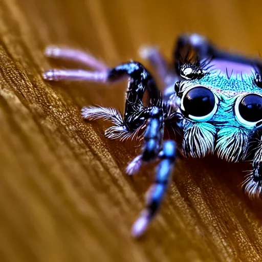 Prompt: a jumping spider using a microscopic keyboard, by pixar, macro lens, iridescent