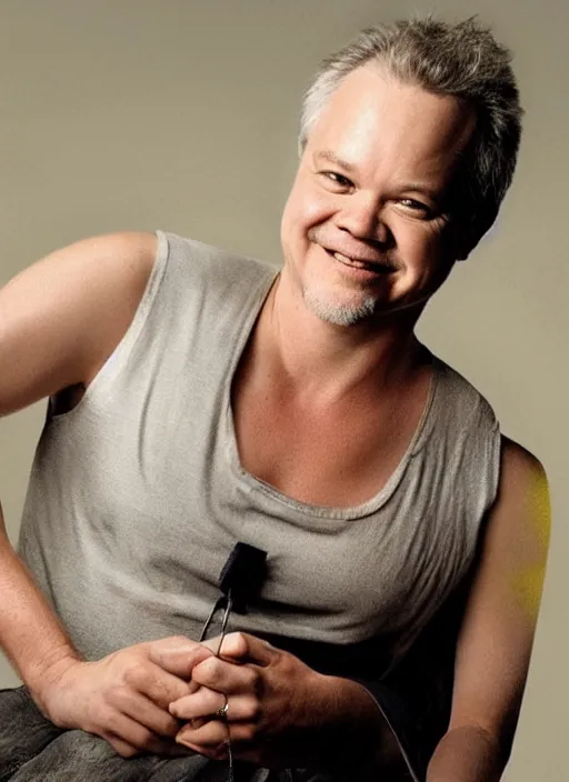 Image similar to tim robbins with a giant beard wearing a white tank top and smiling