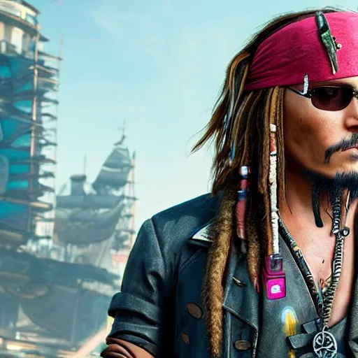 Prompt: jack sparrow in the game of cyberpunk 2 0 7 7