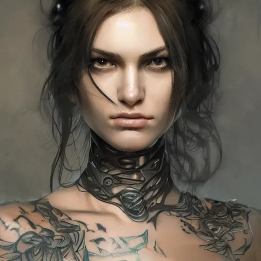 Image similar to tattoo design, a professional painting of a beautiful young female, partially clothed in battle armor, olive skin, long dark hair, beautiful bone structure, upper body, symmetrical facial features, intricate, elegant, digital painting, concept art, smooth, sharp focus, illustration, from Metal Gear, by Ruan Jia and Mandy Jurgens and Greg Rutkowski and Artgerm and William-Adolphe Bouguerea and artgerm