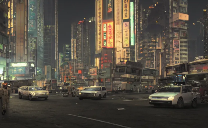 Prompt: Hong kong at night, police patrolling the street, a photorealistic painting by Gregory Crewdson, cgsociety, playstation 5 screenshot, matte painting, cryengine