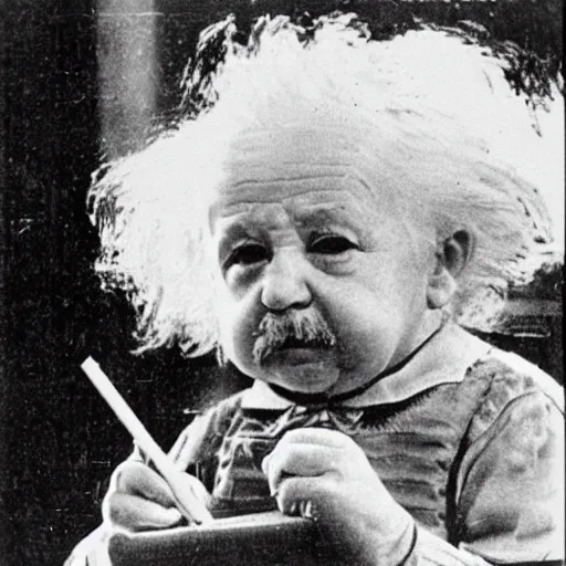 Prompt: Baby Albert Einstein making a crayon drawing of plans for a rocket