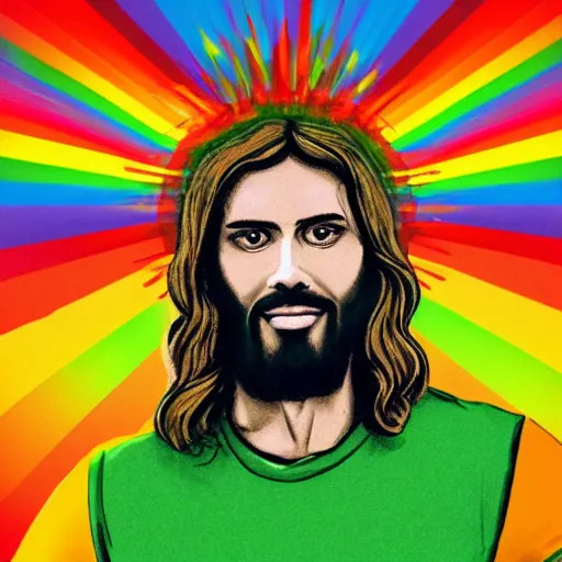 Image similar to Jesus wear a rainbow t-shirt and walks on water, front view, Fullbody, realistic, Photograph, 4k