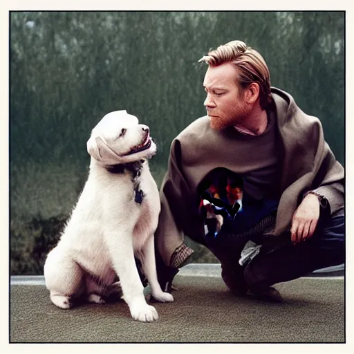 Prompt: ewan mcgregor as obi - wan kenobi petting a puppy, spontaneous portrait, rule of thirds, perfect fact