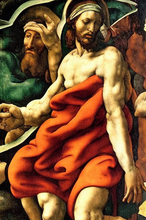 Prompt: michelangelo painting of blindfolded!!!!! jesus christ holding a cornucopia