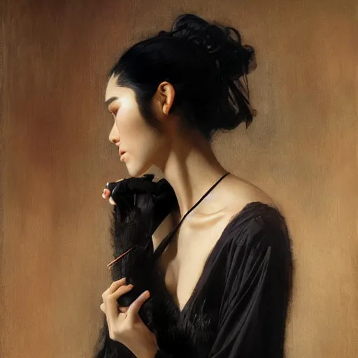Prompt: detailed cinematic wide shot of beautiful attractive tao okamoto asian vampire woman slim face symettrical face clean skin black eyes black robe smooth, sharp focus, ultra realistic, spring light, painting by gaston bussiere, craig mullins, j. c. leyendecker
