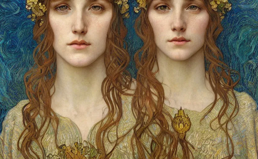 Image similar to detailed realistic beautiful young medieval queen face portrait by jean delville, alphonse mucha, vincent van gogh, and marco mazzoni, art nouveau, symbolist, visionary, gothic, pre - raphaelite