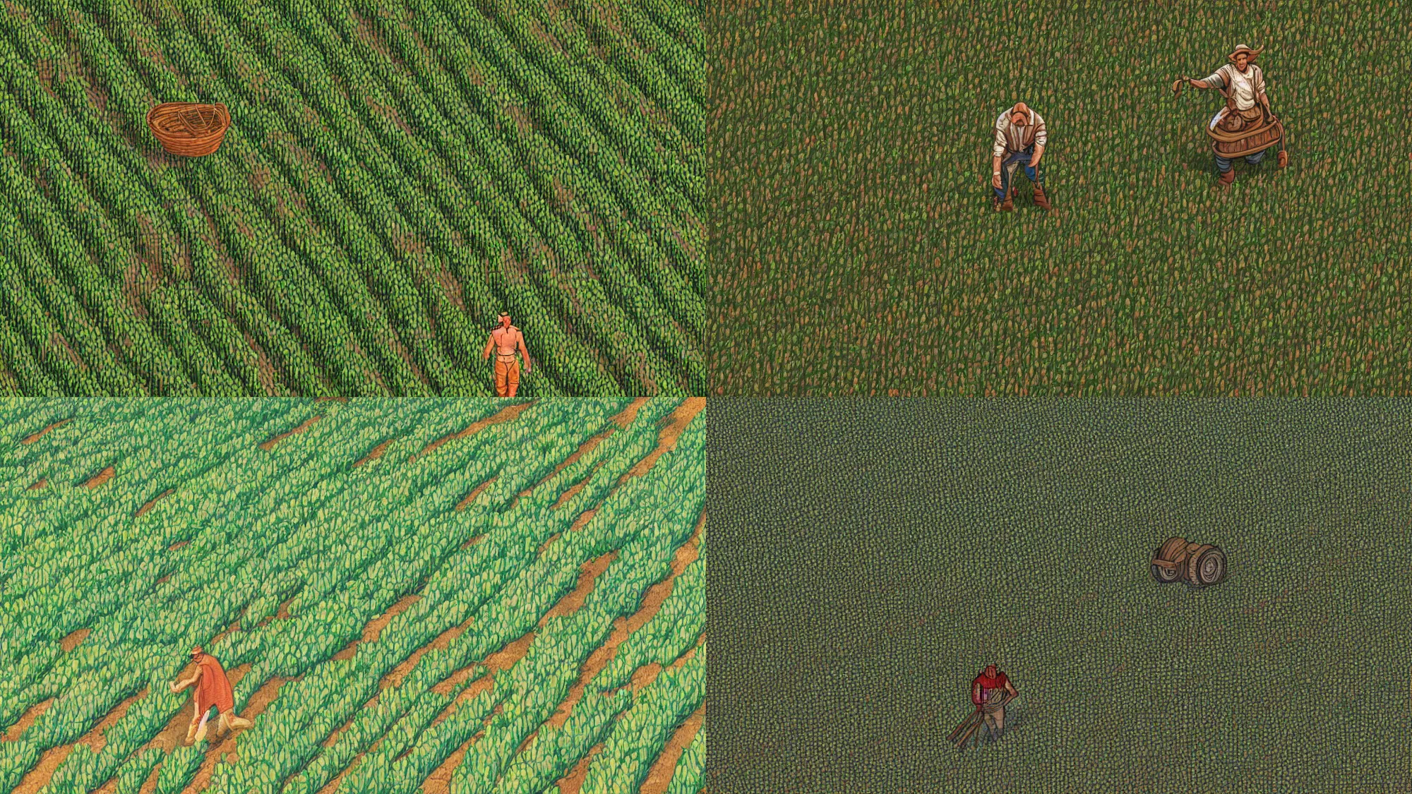 Prompt: gigachad farmer in immaculate rows of crops, detailed digital 2d fantasy art