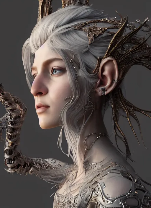 Image similar to stunning biomechanical impish elven incredible hair, masterpiece crystalline incrustations, hyperdetailed face, elegant pose, movie still, intricate, octane render, cinematic lighting, cgsociety, unreal engine,