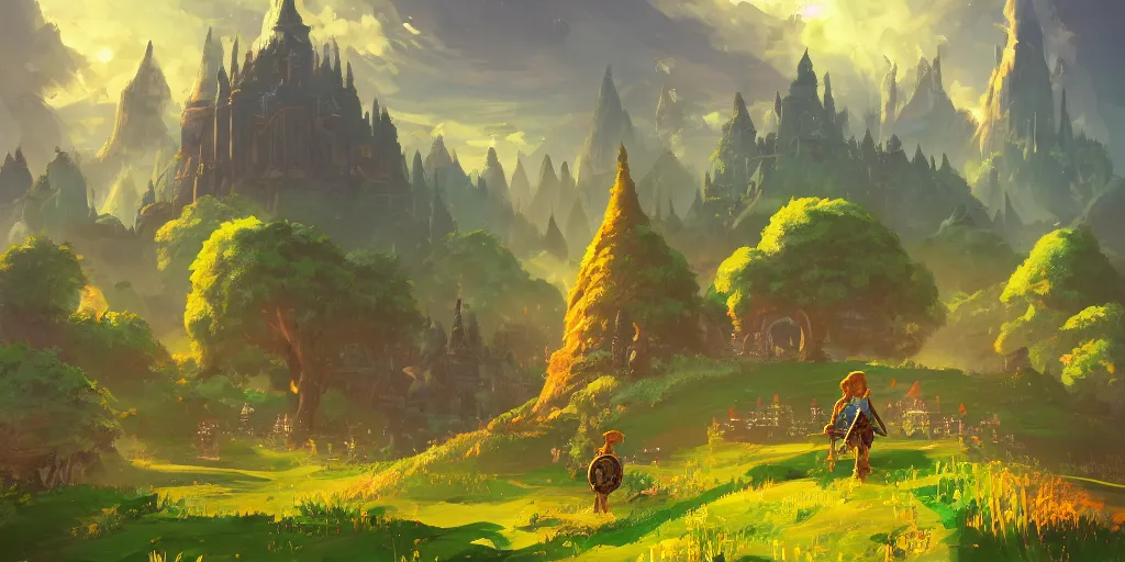 Image similar to a beautiful digital matte painting of a verdant fantasy countryside, breath of the wild, hyrule, inspired by cyril rolando, david wiesner, many golden layers, orange color tone, very far royal steampunk castle, cgsociety, dappled sunlight, trending on artstation, azure sky