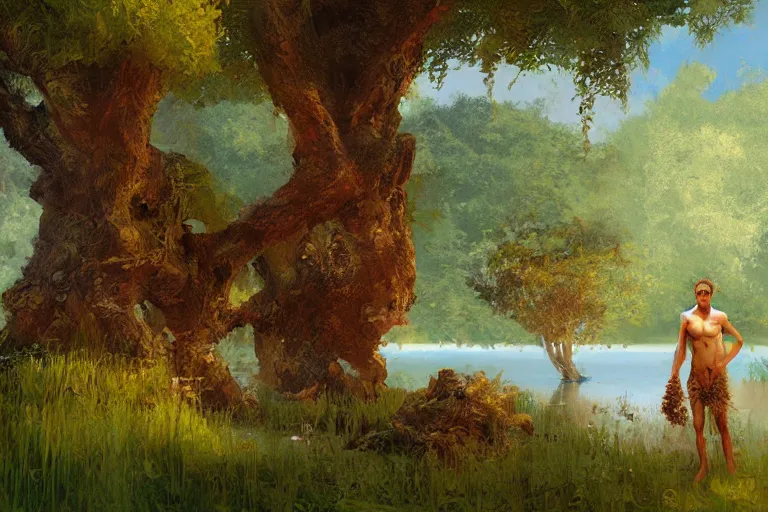 Image similar to adam and eve next to a tree and a lake, digital painting by craig mullins, by mattias adolfsson,