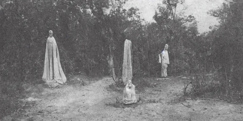 Image similar to scary unproportionable tall ghost creature in the middle of a village, 1900s picture