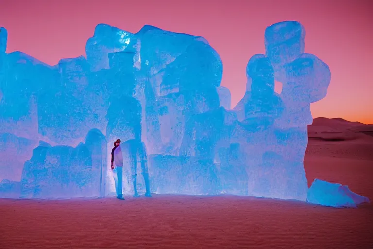 Image similar to cinestill of a huge backlit ice sculpture in the sahara desert