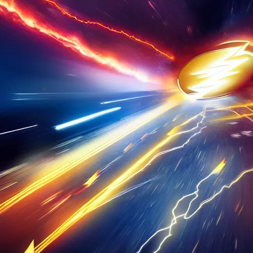 Prompt: the flash traveling faster than light, cgi concept art, lightning effects, speed effect, particles
