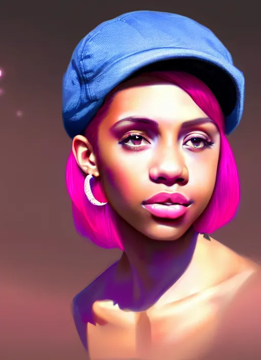 Image similar to portrait of teenage vanessa morgan with bright pink hair, black girl, curly pixie cut hair, wearing newsboy cap, pink short haircut, newsboy cap, hoop earrings, blue eyes, intricate, elegant, glowing lights, highly detailed, digital painting, artstation, concept art, smooth, sharp focus, illustration, art by wlop, mars ravelo and greg rutkowski