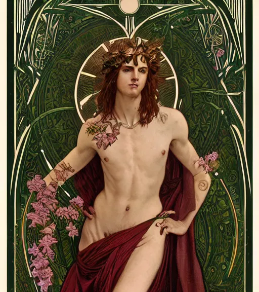 Image similar to a tarot card portrait of dionysus, realistic, 8 k, by greg rutkowski, artgerm, alphonse mucha, ornate, vines as jewelry, symmetry, sharp focus