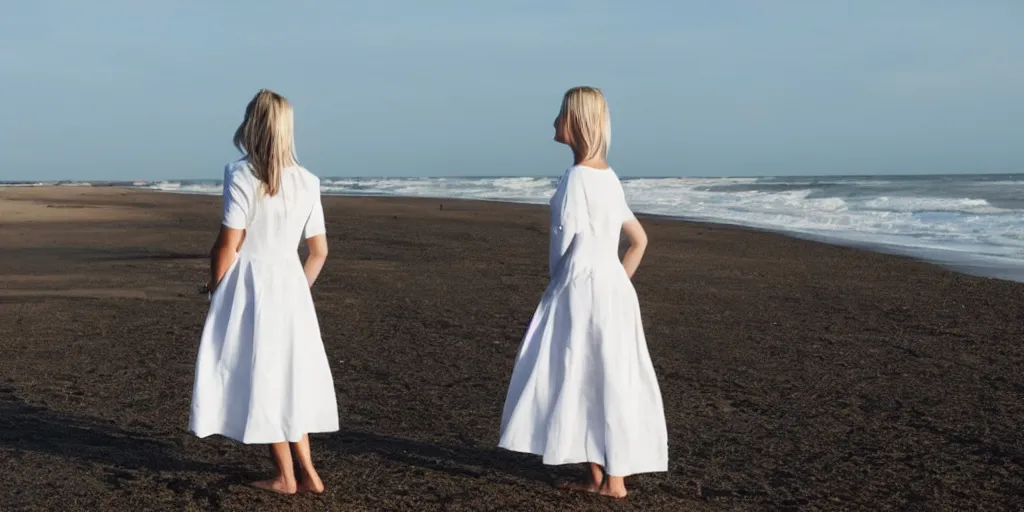 Image similar to a woman wearing a white dress standing on a beach in Denmark, in the style of Peder Severin