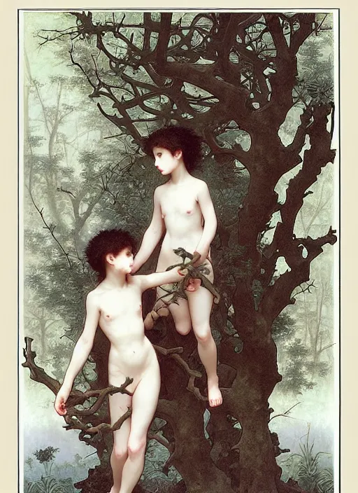 Prompt: boy and girl and a goat in a deep thorns bones bloody forest, by william-adolphe bouguereau and Takato Yamamoto, high resolution