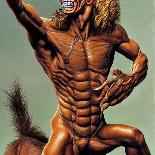 Image similar to beautiful lifelike painting of a centaur centaur centaur chimera tom cruise torso, hyperreal detailed facial features and uv lighting, art by ed roth and basil wolverton