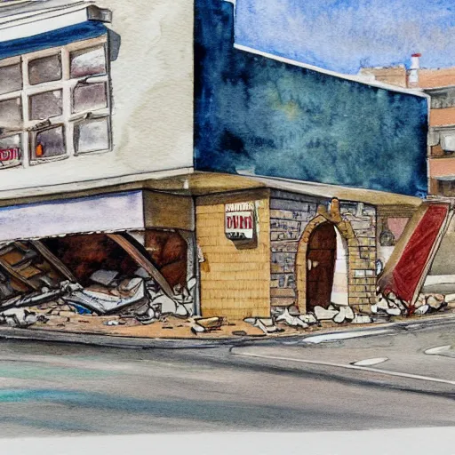 Image similar to watercolour drawing of pizza restaurant crumbling to the ground, beautiful award winning artistic talent, trending on artstation