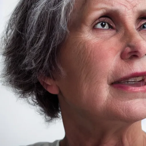 Image similar to realistic, portrait of a 55-years old woman not knowing what to say