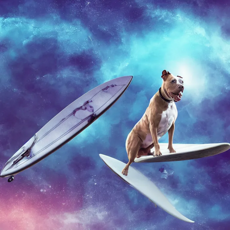 Image similar to photo of a female pit bull with a gray coat and white paws, surfing on a surfboard in a crashing wave of alien ocean in space, background is an alien galaxy, aliens in the background, alien colors, octane render, unreal engine, wide view, 8 k, high detaild