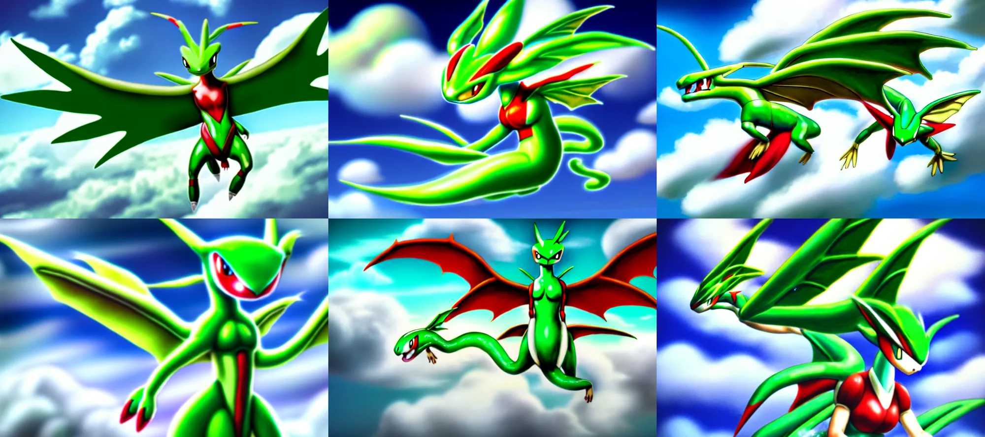 Prompt: realistic anthropomorphic flygon woman holding pokeball flying through clouds