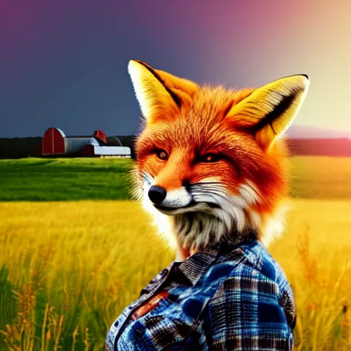 Image similar to a female fluffy anthropomorphic fox animal, head of fox, wearing cowboy hat, wearing plaid shirt, playing guitar, in a field, barn in background, album cover style