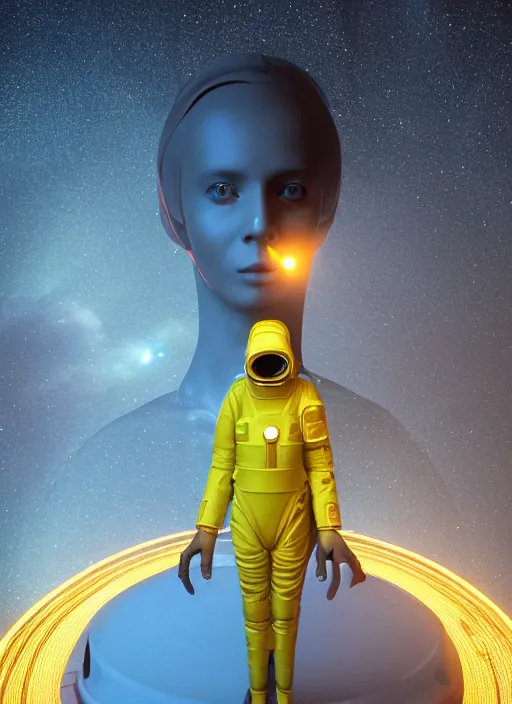 Image similar to a woman in a space suit with a yellow light on her head, a microscopic photo by mike winkelmann, zbrush central contest winner, space art, rendered in cinema 4 d, sci - fi, cosmic horror