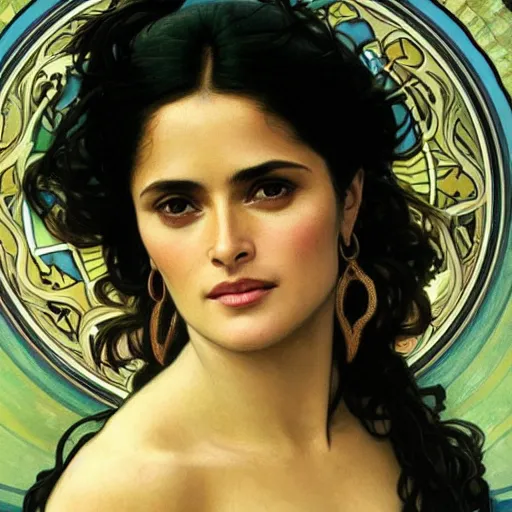 Image similar to salma hayek portrait by alphonse mucha, playful, fantasy, medieval, beautiful face, perfect detailed eyes, vivid colrs, elegant, concept art, sharp focus, digital art, hyper - realistic, 4 k, unreal engine, highly detailed, hd, dramatic lighting by brom, trending on artstation, holy halo