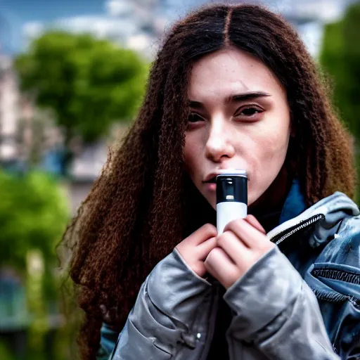 Image similar to candid photographic portrait of a poor techwear mixed young woman smoking inside a dystopian city, closeup, beautiful garden terraces in the background, sigma 85mm f/1.4, 4k, depth of field, high resolution, 4k, 8k, hd, full color