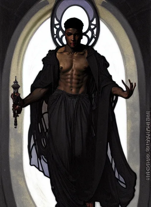 Image similar to awe-inspiring award-winning concept art nouveau painting of attractive young black man in a white hoodie angelic warrior figure, darkness, by Alphonse Mucha, Michael Whelan, William Adolphe Bouguereau, John Williams Waterhouse, and Donato Giancola, cyberpunk, fierce, extremely moody lighting, glowing light and shadow, atmospheric, shadowy, cinematic, diffuse lighting, fantasy, intricate, elegant, highly detailed, lifelike, photorealistic, digital painting, artstation, illustration, concept art, smooth, sharp focus, art by John Collier and Albert Aublet and Leonardo da vinci and Krenz Cushart and Artem Demura and Alphonse Mucha