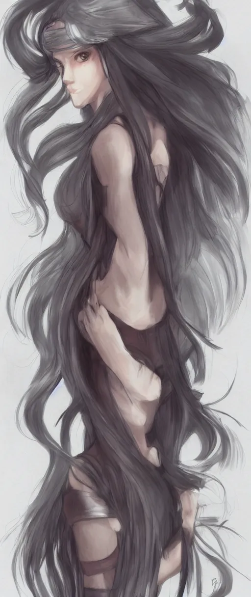 Image similar to a drawing of a woman with long hair, concept art by senior character artist, featured on pixiv, mingei, official art, concept art, full body