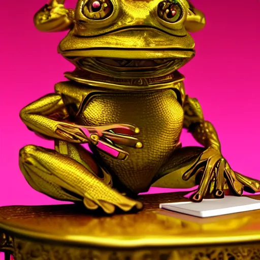 Prompt: octane render of a pink anthropomorphic frog wearing a golden set of armor sitting in a desk at an office, very intricate, very detailed, trending on artstation,