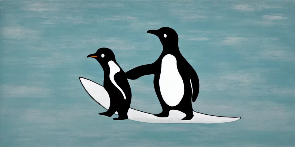 Image similar to a surfing penguin, art deco