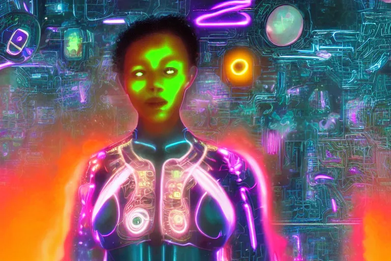 Image similar to friendly cyborg - woman emerging from a space portal in cyberspace, fractal, in 1 9 8 5, y 2 k cutecore clowncore, bathed in the glow of a crt television, crt screens in background, low - light photograph, in style of tyler mitchell