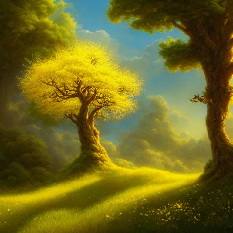Image similar to tree with yellow, flowering canopy in a meadow by justin gerard, fantasy art, storybook illustration, 4 k